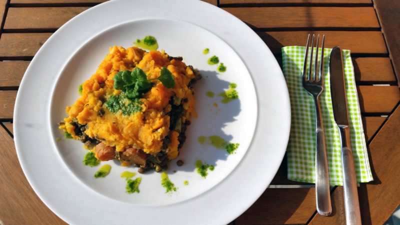 Puy Lentil Coriander Pesto Bake With Sweet Potato Mash