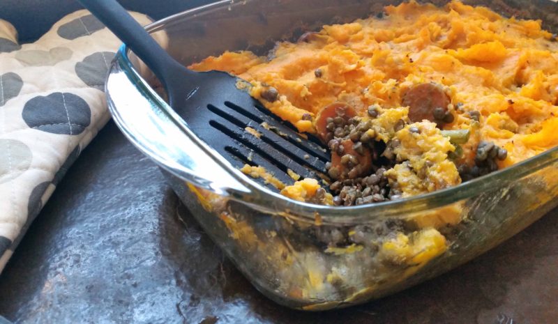 Lentil and coriander pesto with sweet potato mash