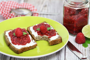 sourdoughbread with raspberry jam with chia seeds