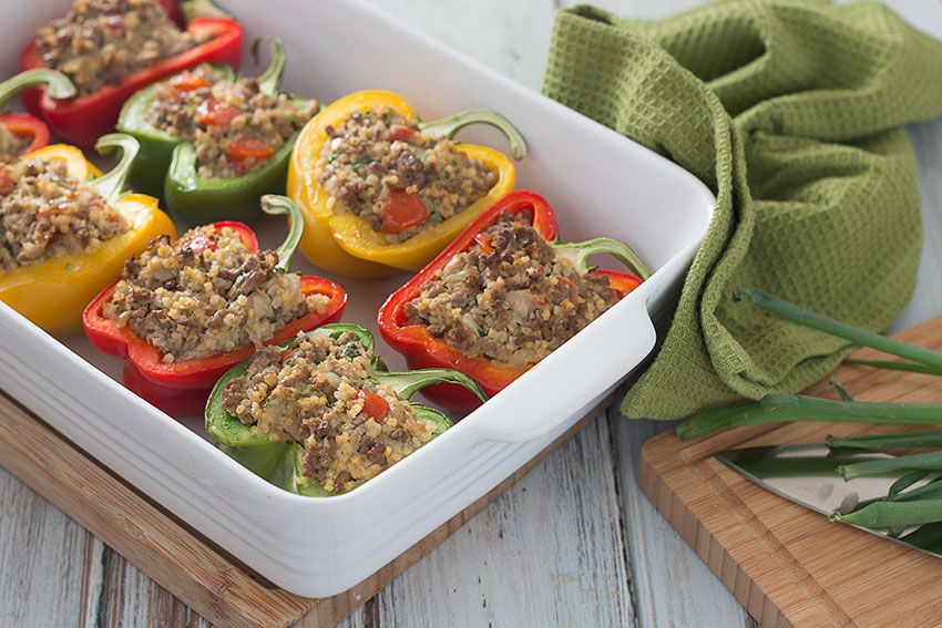 Beef & Millet Stuffed Peppers in tray