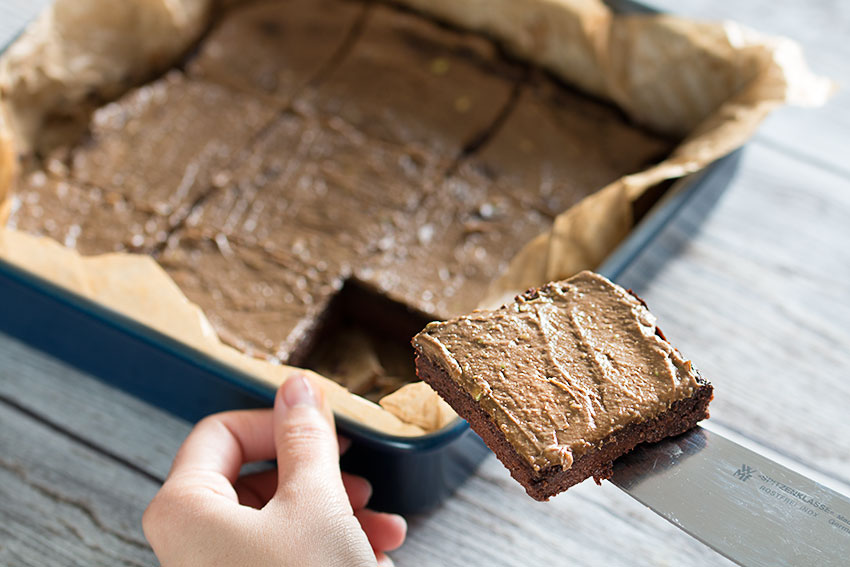 avocado brownies in pan