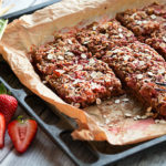 strawberry rhubarb crumble squares with fork