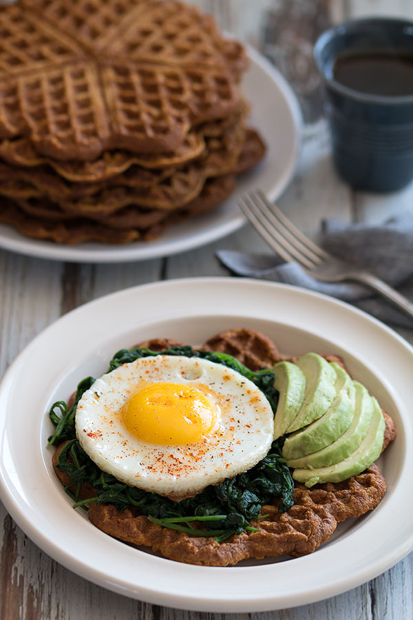 Sweet Potato Waffles With Avocado, Spinach and Egg