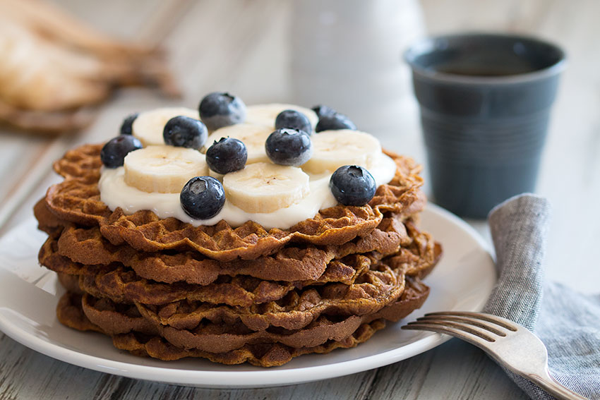 Sweet Potato Waffles With Yoghurt and Fruits