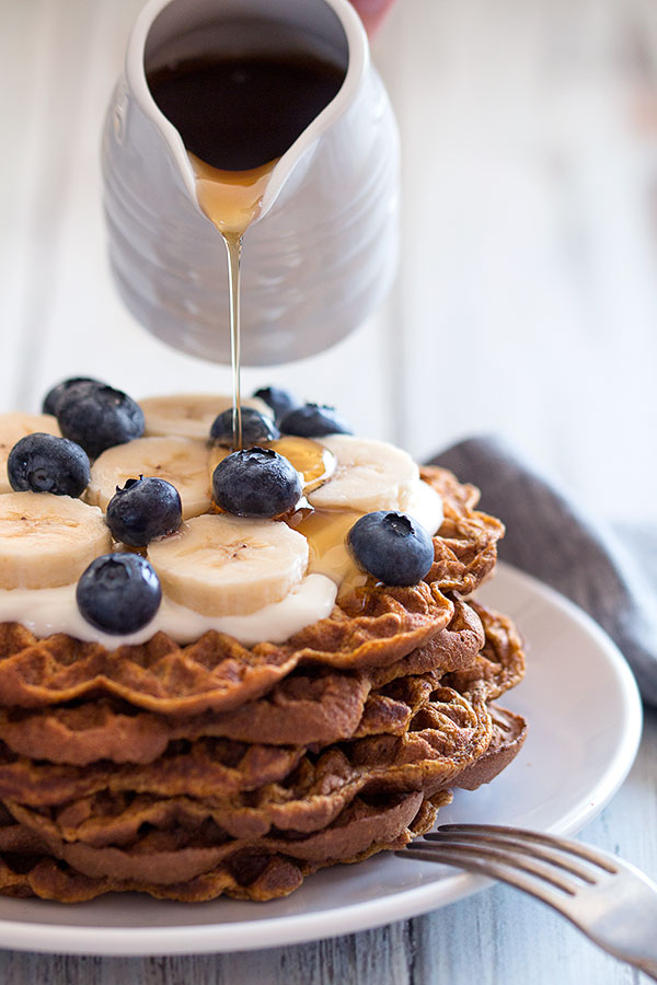 Sweet Potato Waffles With Yoghurt and Fruits With Maple Syrup