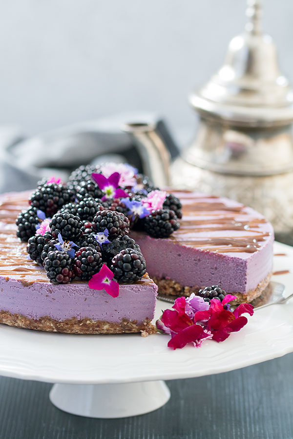 Vegan, No-Bake Blackberry Cheesecake with teapot