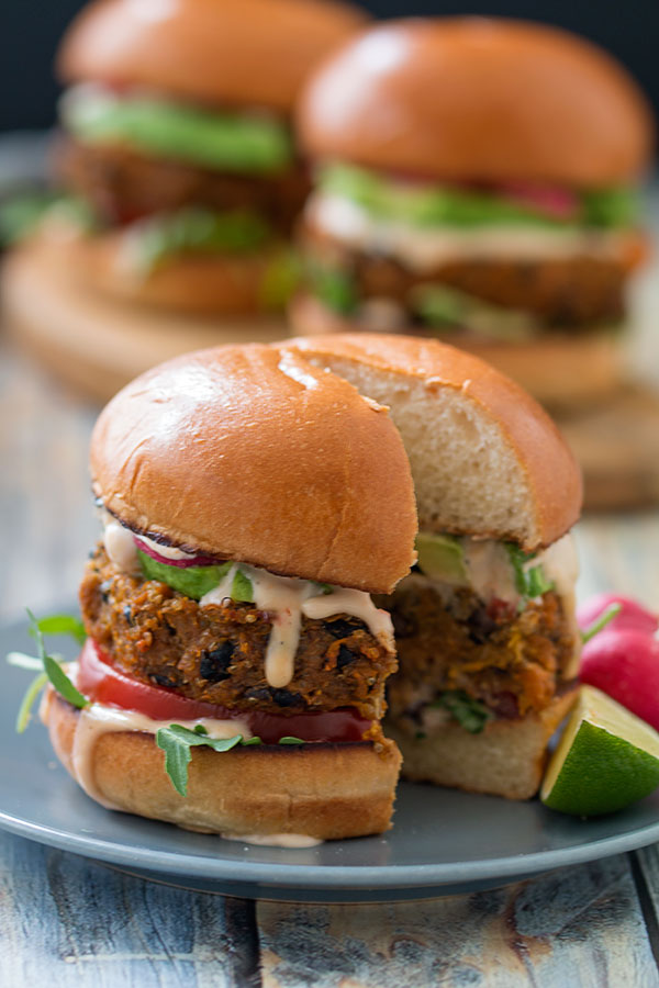 Quinoa black bean burgers sliced