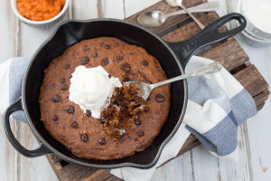 Pumpkin Chocolate Chip Skillet Cookie with Coconut Ice Cream