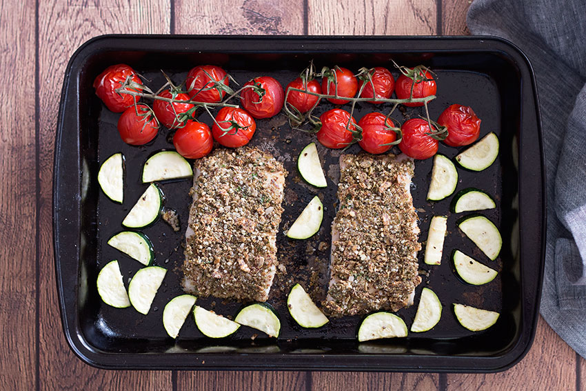 Roasted Hake With Hemp & Herb Crust in tray