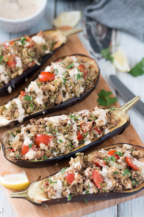 Quinoa Stuffed Eggplant With Lemon Tahini Sauce