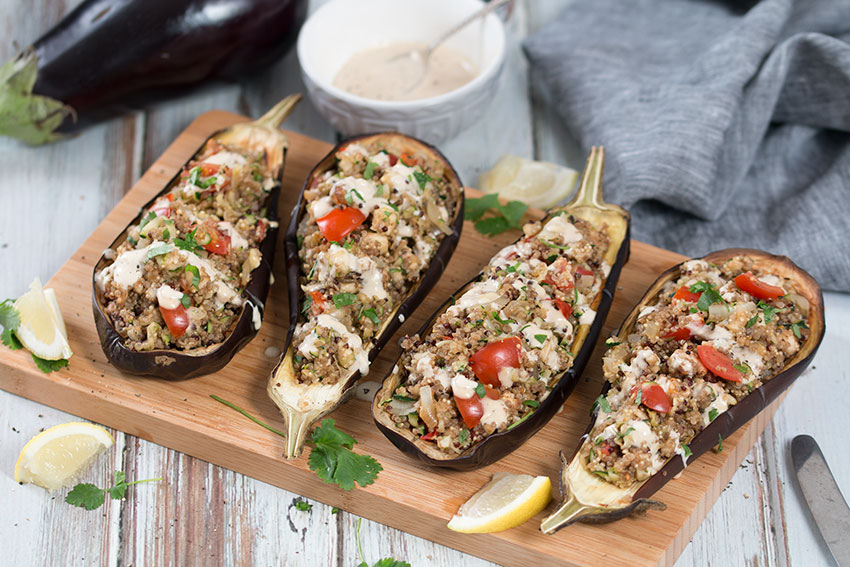 Quinoa Stuffed Eggplant With Lemon Tahini Sauce