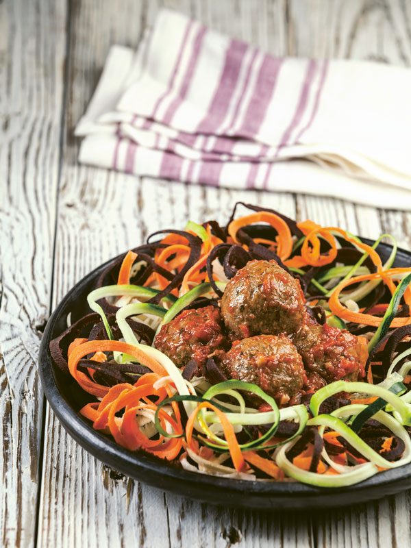 Nourish And Glow Rainbow Noodles with Marinara and Lentil Balls