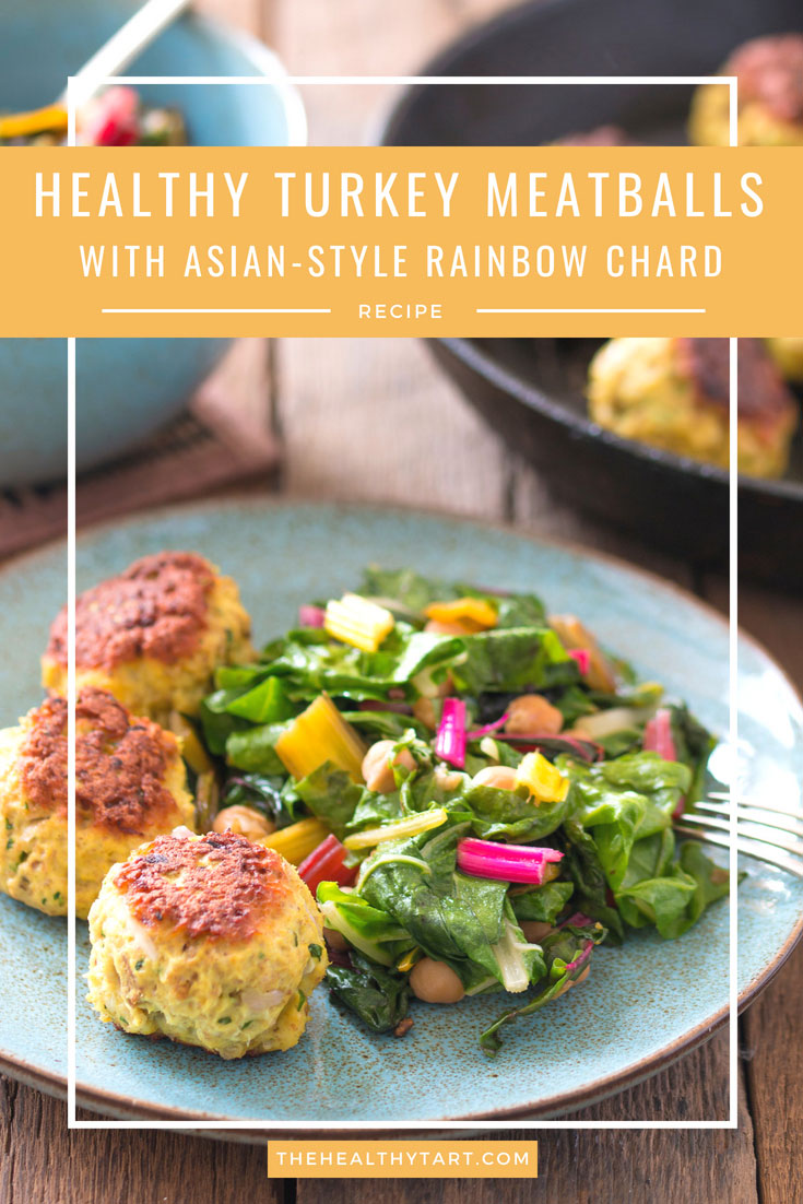 Healthy turkey meatballs with Asian-style rainbow chard