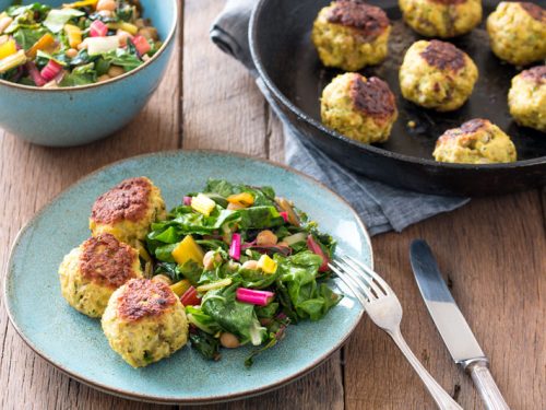 Healthy turkey meatballs with Asian-style rainbow chard