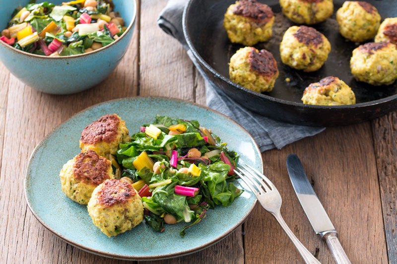 Healthy turkey meatballs with Asian-style rainbow chard