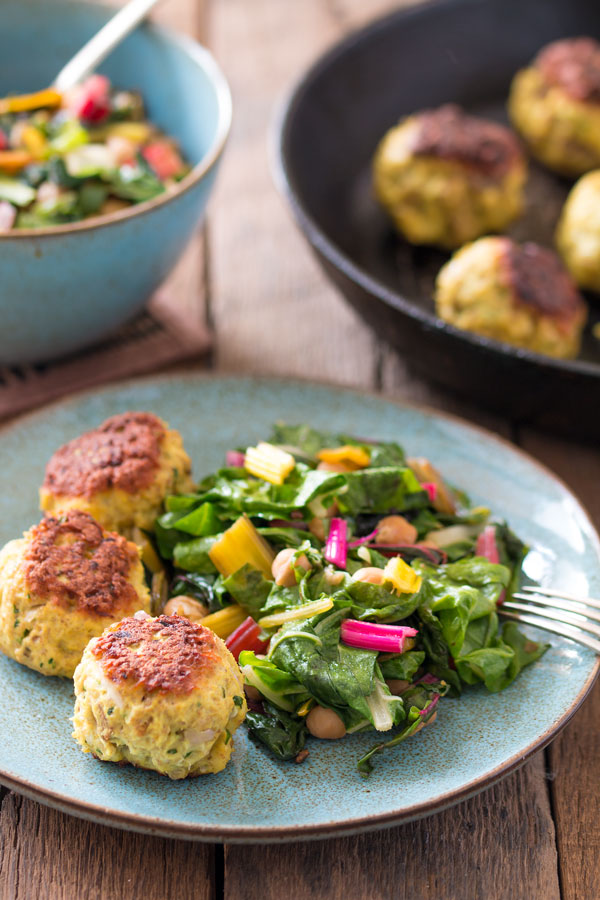 Healthy turkey meatballs with Asian-style swiss chard