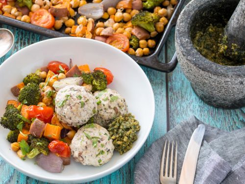 Vietnamese Style Chicken Meatballs with Sweet Potato & Chickpea Bake