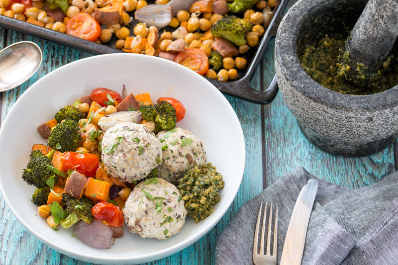 Vietnamese Style Chicken Meatballs with Sweet Potato & Chickpea Bake