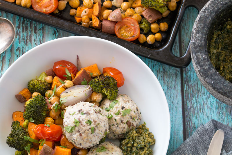 Vietnamese Style Chicken Meatballs with Sweet Potato & Chickpea Bake