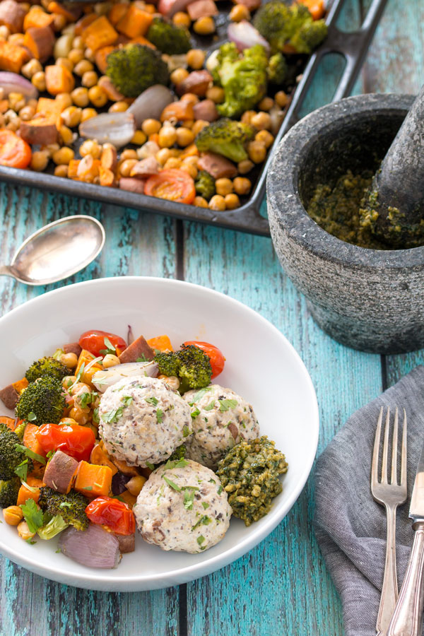 Vietnamese Style Chicken Meatballs with Sweet Potato & Chickpea Bake