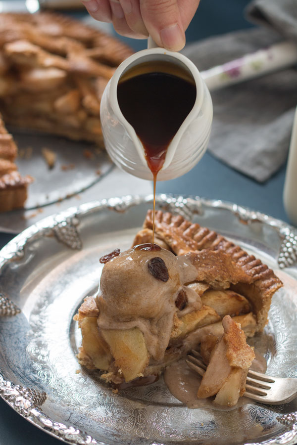 Healthier Apple Pie pouring apple syrup