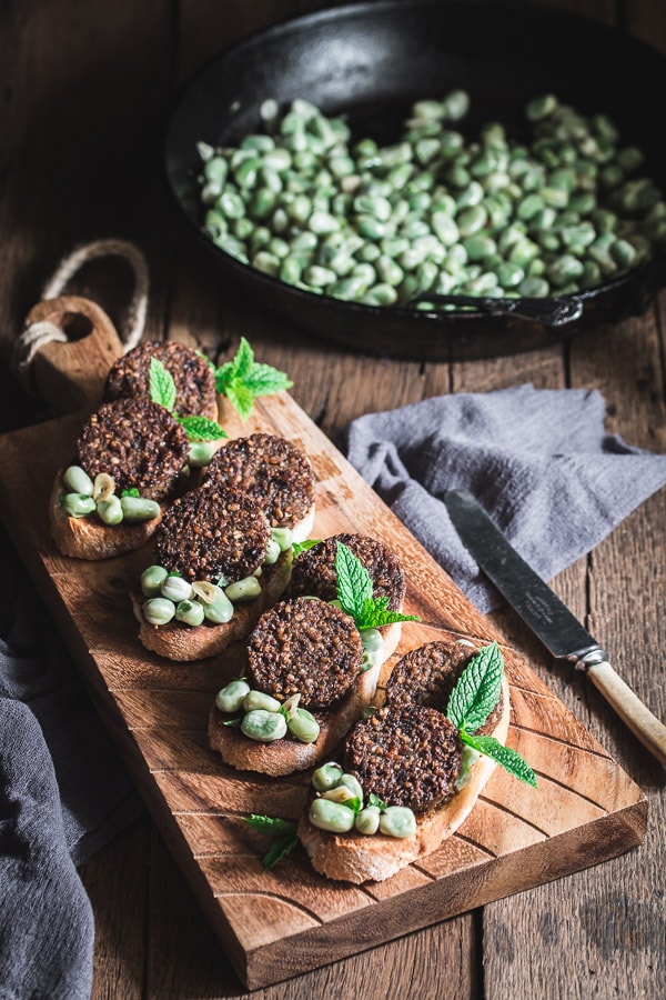 Clonakilty Veggie Pudding Crostinis with minty broad beans